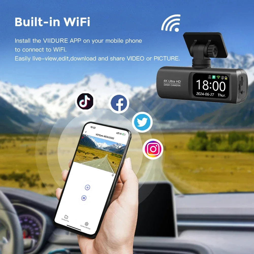 Dashcam Voiture 4K Avant/Arrière avec WiFi & GPS – Caméra DVR de Sécurité Nocturne, Mode Parking, Vision Grand Angle | Accessoire Auto Haute Définition