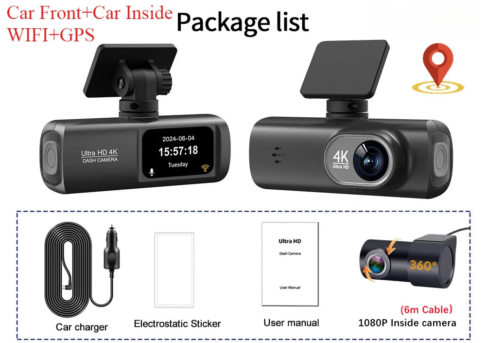 Dashcam Voiture 4K Avant/Arrière avec WiFi & GPS – Caméra DVR de Sécurité Nocturne, Mode Parking, Vision Grand Angle | Accessoire Auto Haute Définition