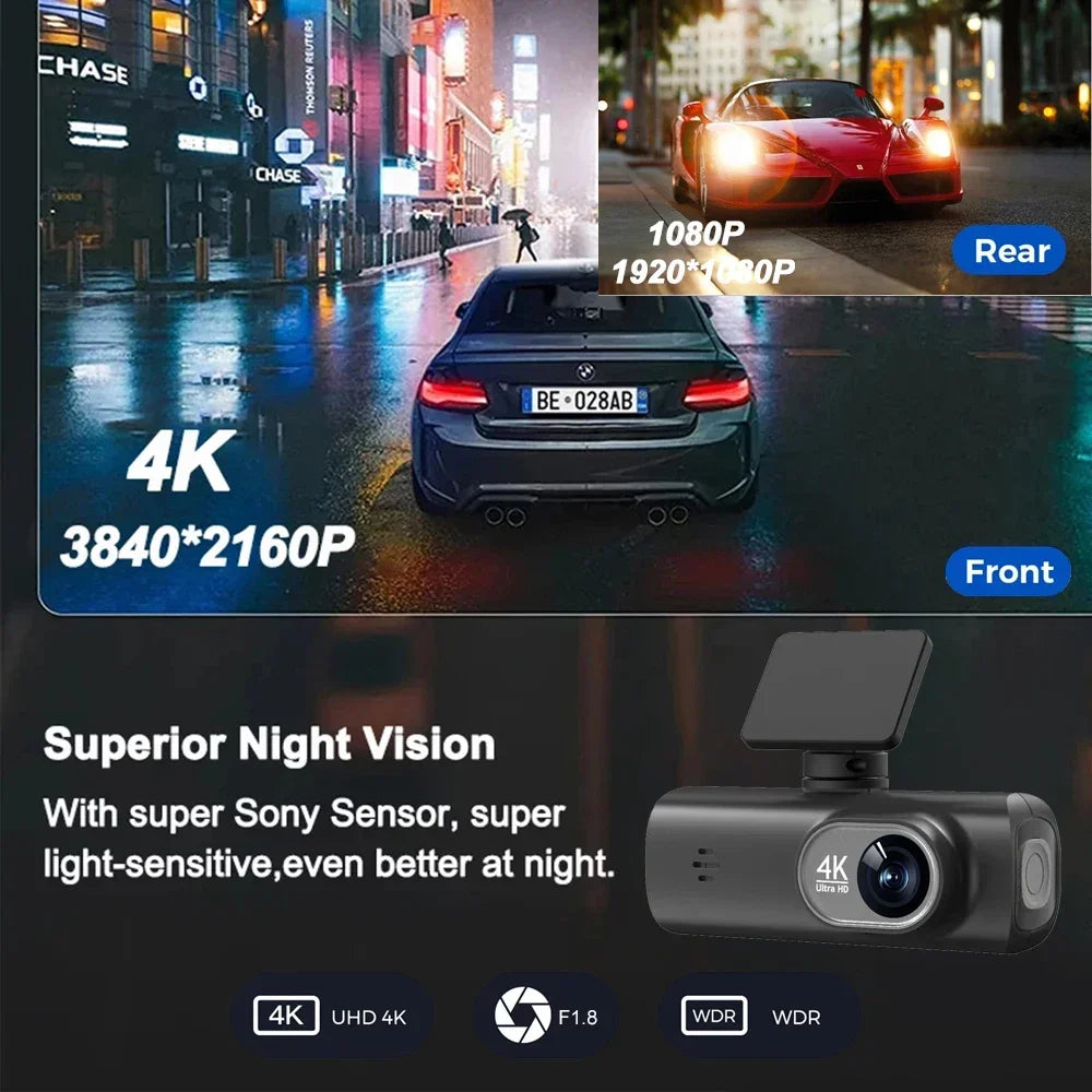 Dashcam Voiture 4K Avant/Arrière avec WiFi & GPS – Caméra DVR de Sécurité Nocturne, Mode Parking, Vision Grand Angle | Accessoire Auto Haute Définition