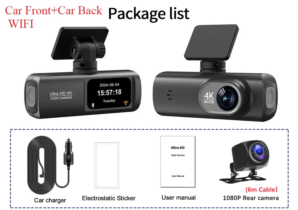 Dashcam Voiture 4K Avant/Arrière avec WiFi & GPS – Caméra DVR de Sécurité Nocturne, Mode Parking, Vision Grand Angle | Accessoire Auto Haute Définition