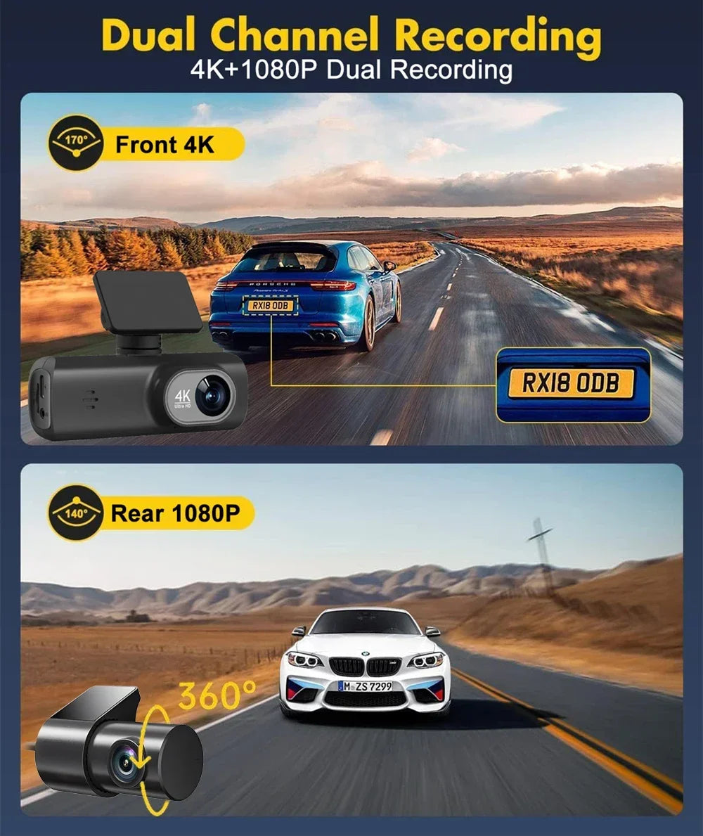 Dashcam Voiture 4K Avant/Arrière avec WiFi & GPS – Caméra DVR de Sécurité Nocturne, Mode Parking, Vision Grand Angle | Accessoire Auto Haute Définition