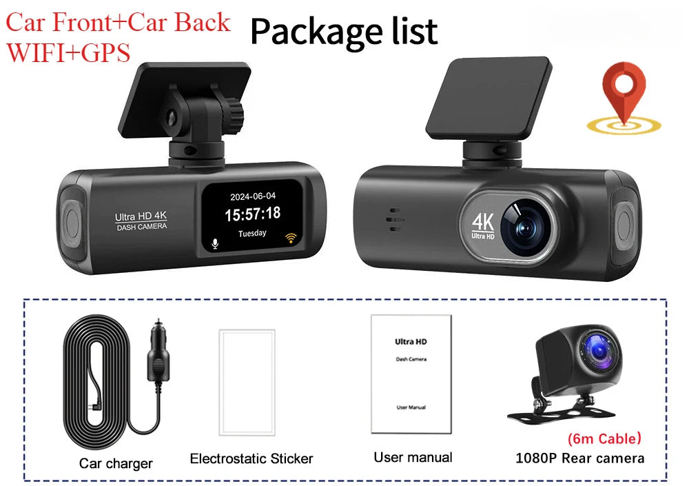 Dashcam Voiture 4K Avant/Arrière avec WiFi & GPS – Caméra DVR de Sécurité Nocturne, Mode Parking, Vision Grand Angle | Accessoire Auto Haute Définition