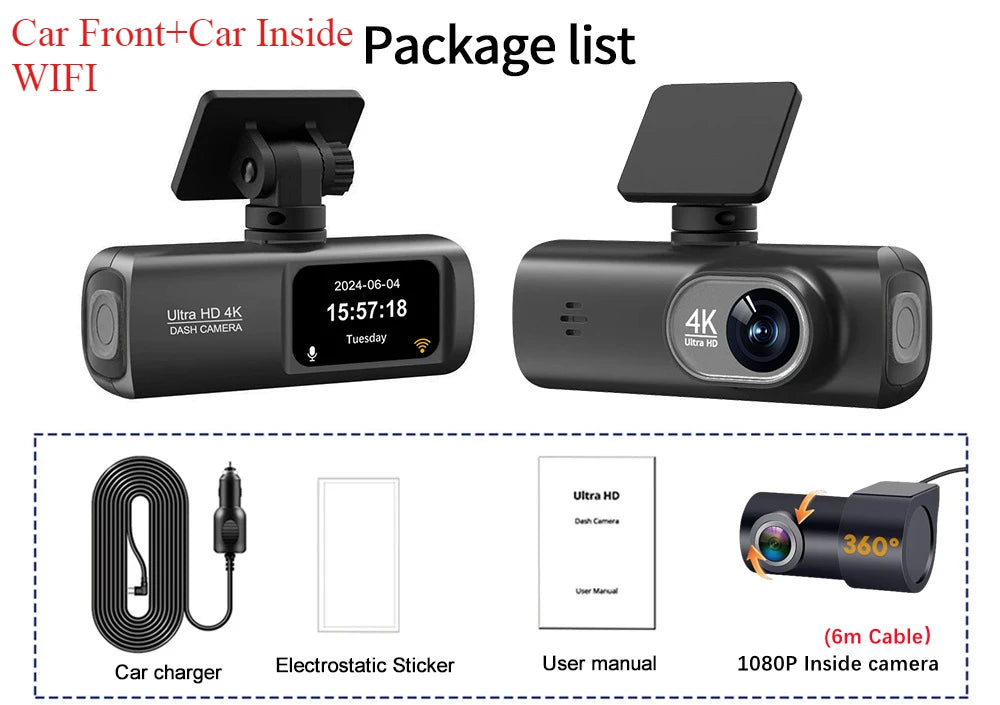 Dashcam Voiture 4K Avant/Arrière avec WiFi & GPS – Caméra DVR de Sécurité Nocturne, Mode Parking, Vision Grand Angle | Accessoire Auto Haute Définition