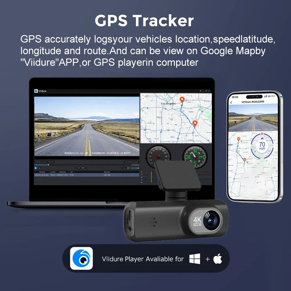 Dashcam Voiture 4K Avant/Arrière avec WiFi & GPS – Caméra DVR de Sécurité Nocturne, Mode Parking, Vision Grand Angle | Accessoire Auto Haute Définition